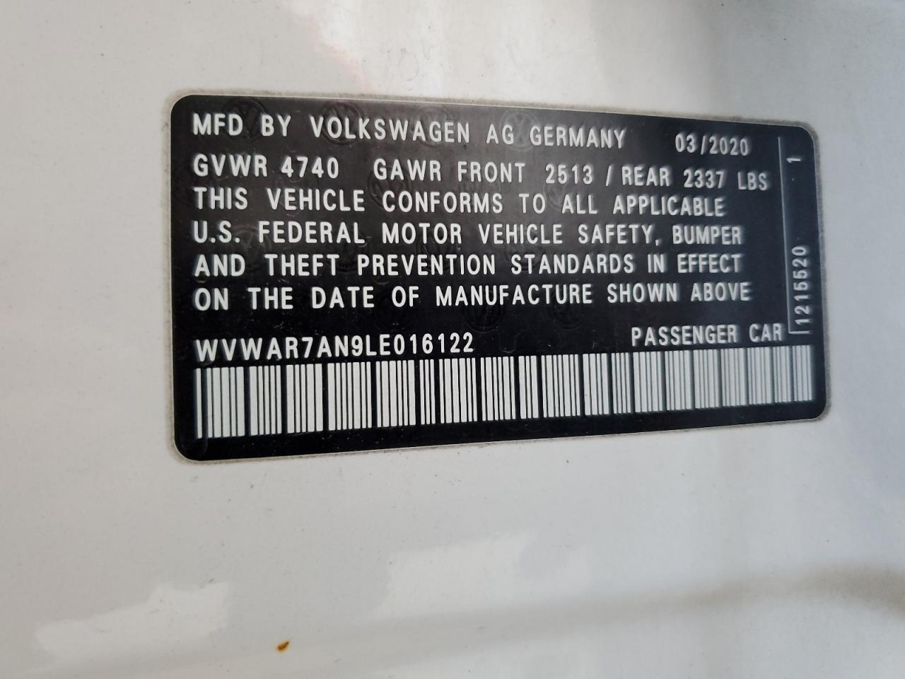 WVWAR7AN9LE016122 2020 Volkswagen Arteon Se