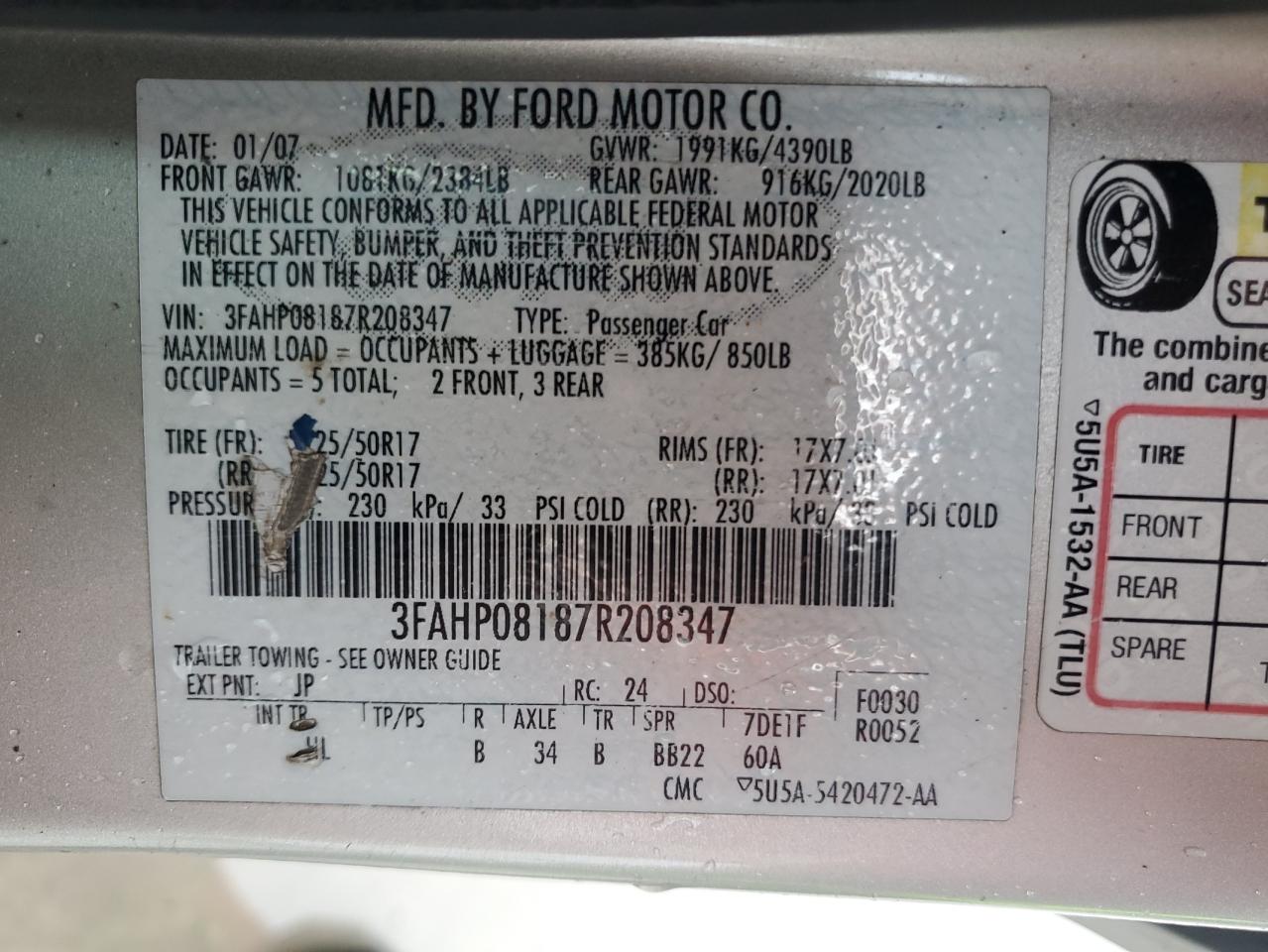 3FAHP08187R208347 2007 Ford Fusion Sel