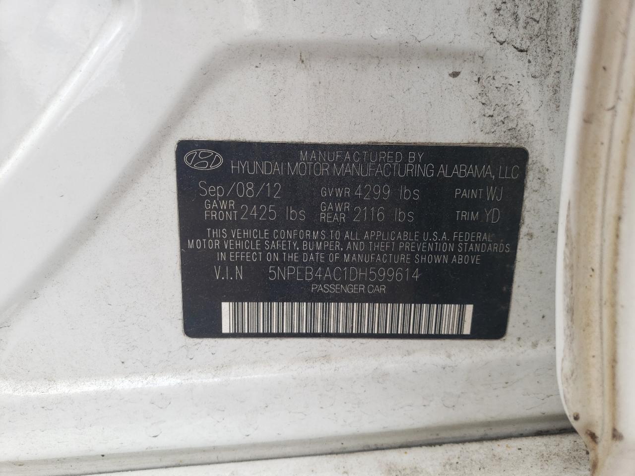 5NPEB4AC1DH599614 2013 Hyundai Sonata Gls