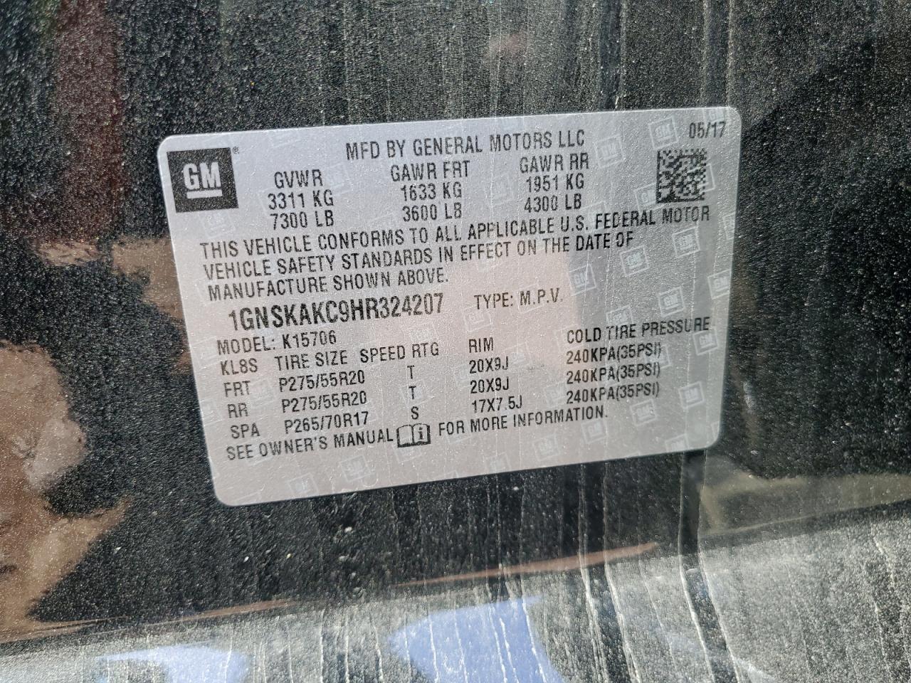 1GNSKAKC9HR324207 2017 Chevrolet Tahoe K1500 Ls