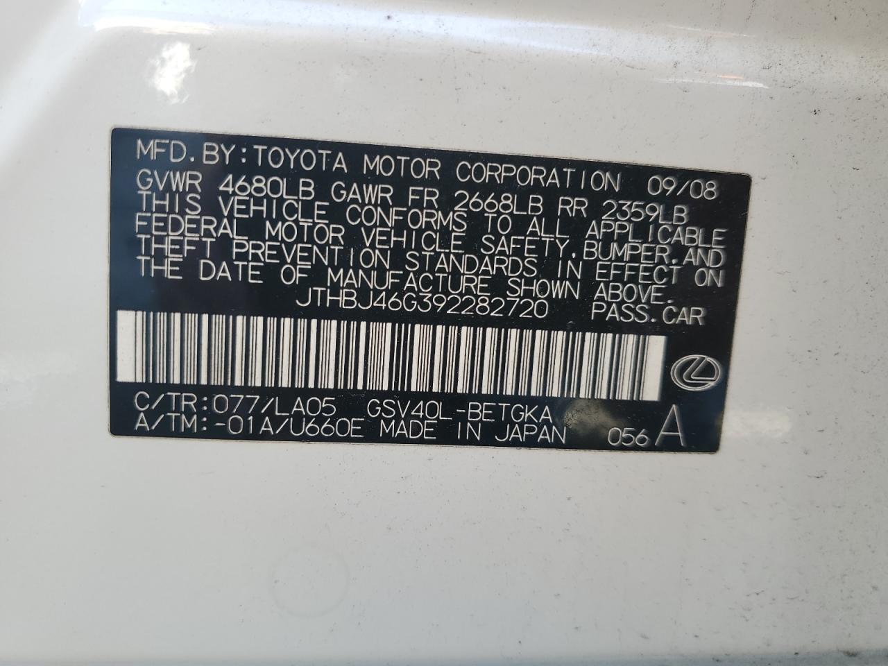 JTHBJ46G392282720 2009 Lexus Es 350