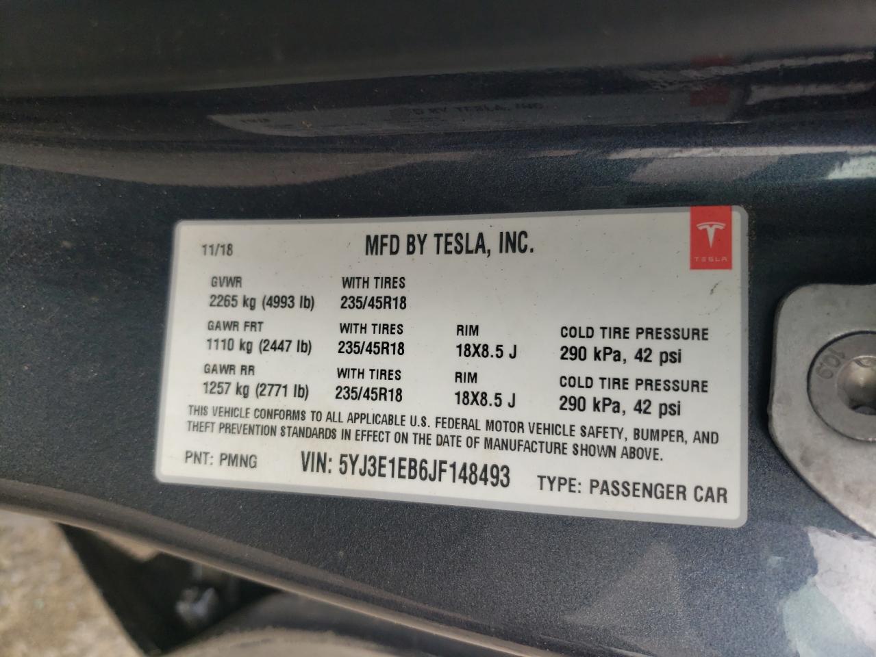 5YJ3E1EB6JF148493 2018 Tesla Model 3