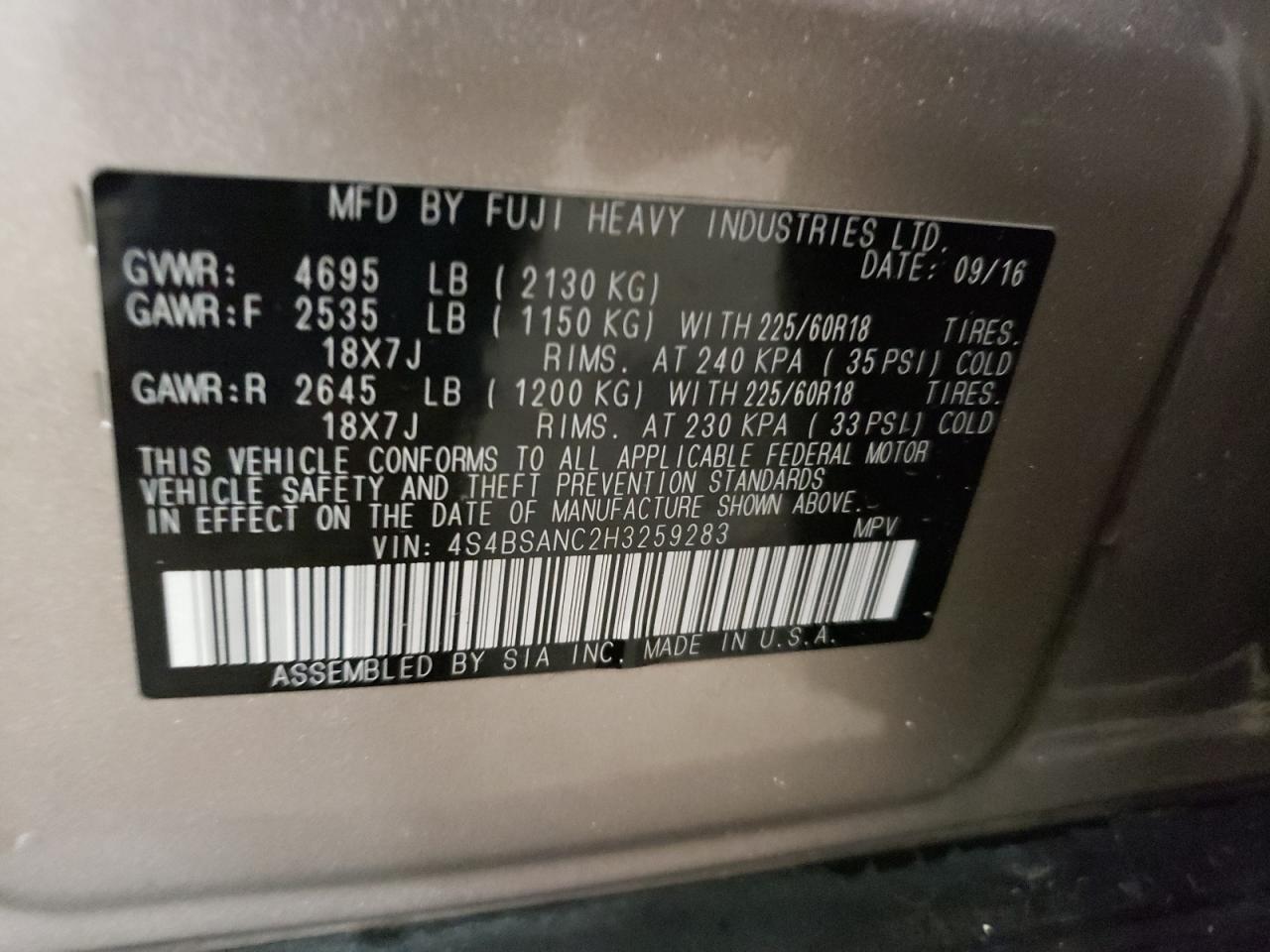 4S4BSANC2H3259283 2017 Subaru Outback 2.5I Limited