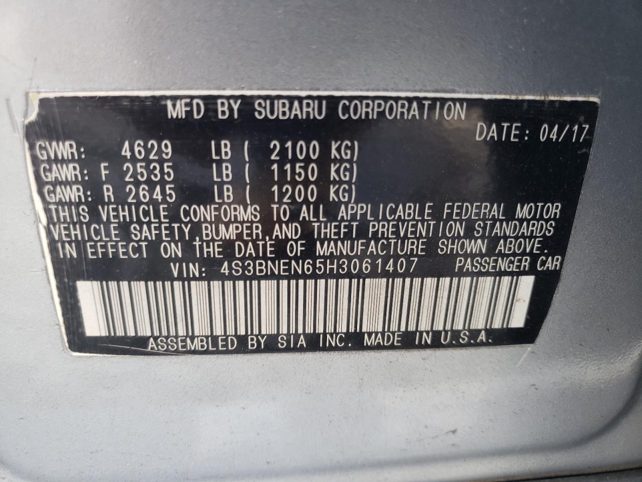 4S3BNEN65H3061407 2017 Subaru Legacy 3.6R Limited