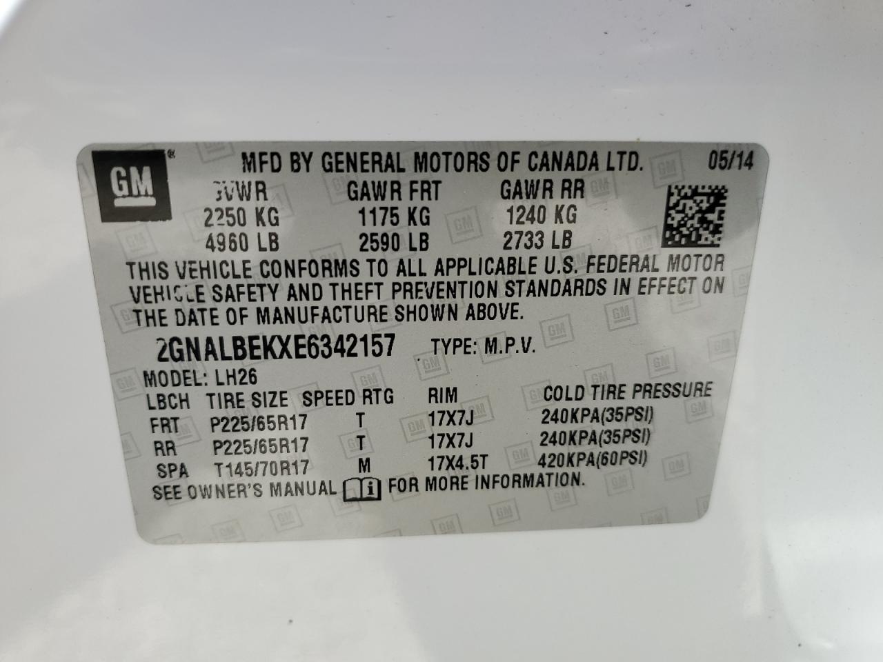 2GNALBEKXE6342157 2014 Chevrolet Equinox Lt