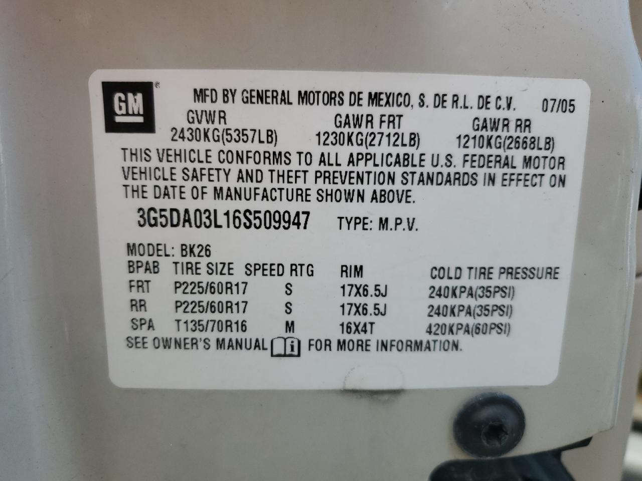 3G5DA03L16S509947 2006 Buick Rendezvous Cx