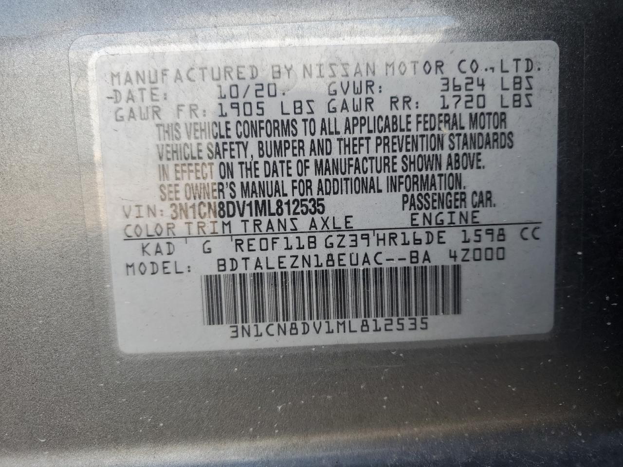 3N1CN8DV1ML812535 2021 Nissan Versa S