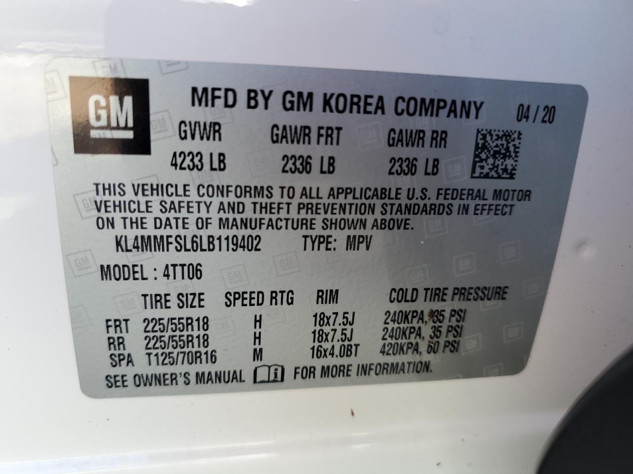 KL4MMFSL6LB119402 2020 Buick Encore Gx Essence