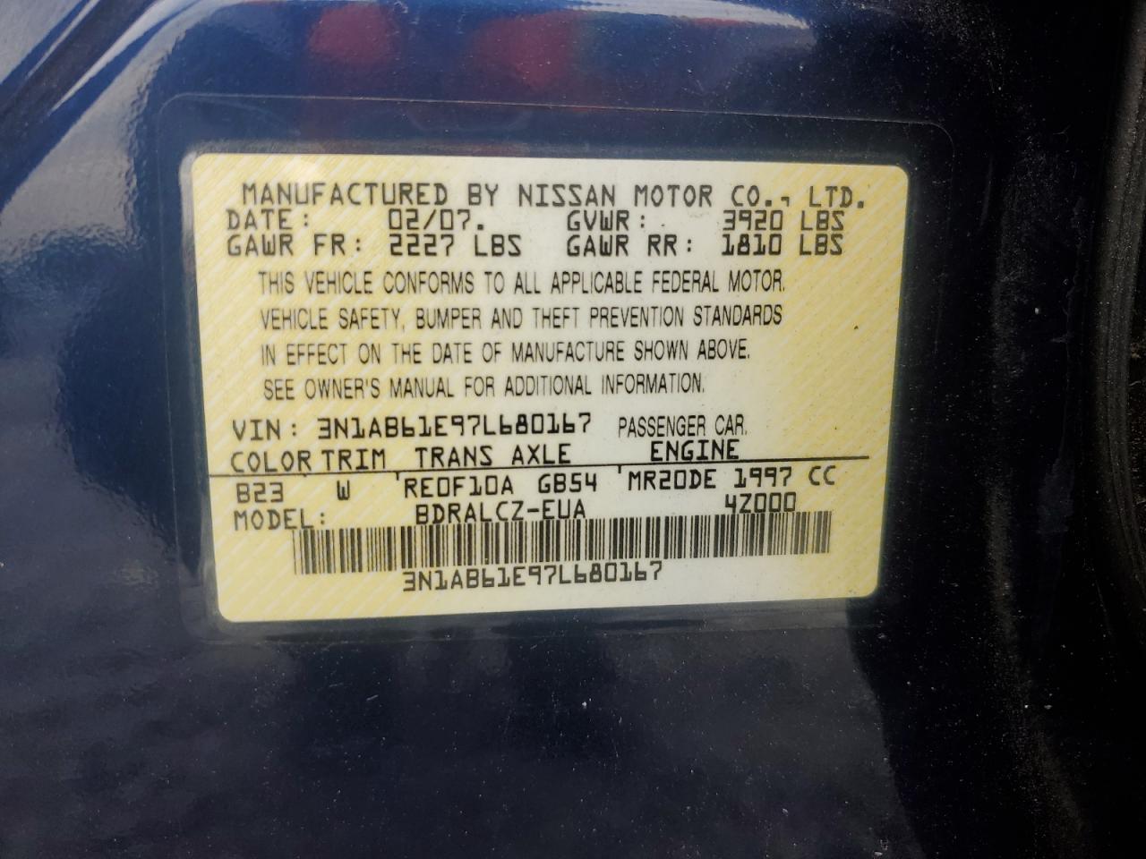 3N1AB61E97L680167 2007 Nissan Sentra 2.0