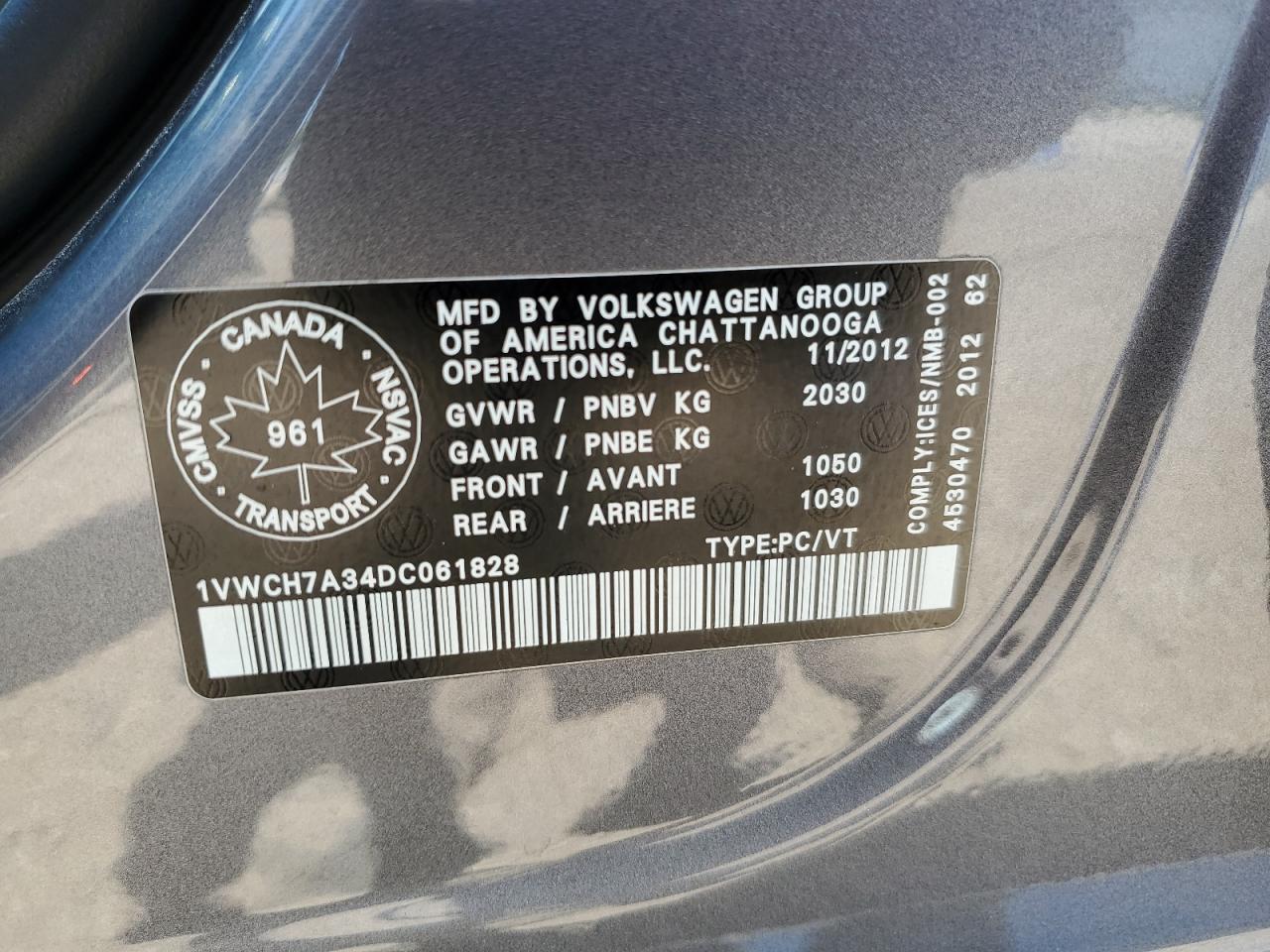 1VWCH7A34DC061828 2013 Volkswagen Passat Sel