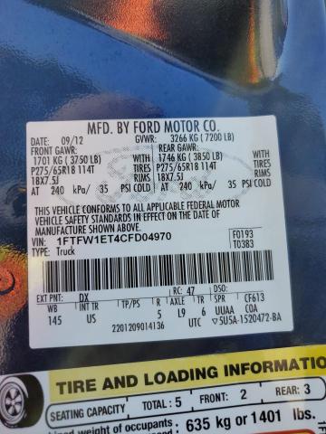 2012 Ford F150 Supercrew VIN: 1FTFW1ET4CFD04970 Lot: 59166274