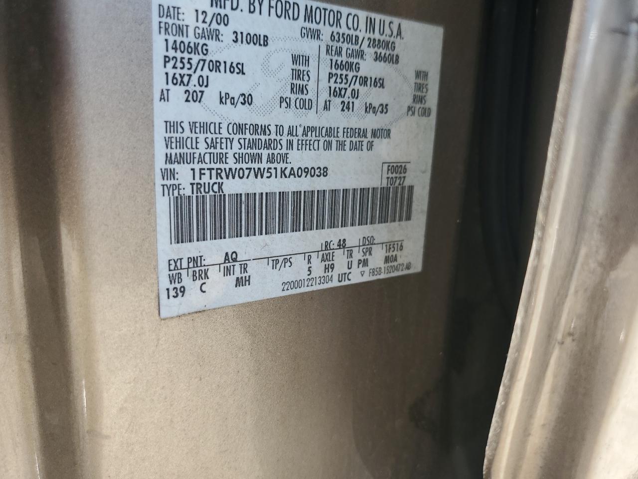 1FTRW07W51KA09038 2001 Ford F150 Supercrew