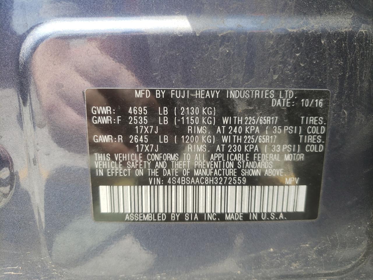 4S4BSAAC8H3272559 2017 Subaru Outback 2.5I