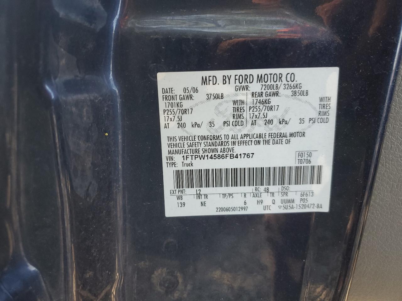 1FTPW14586FB41767 2006 Ford F150 Supercrew