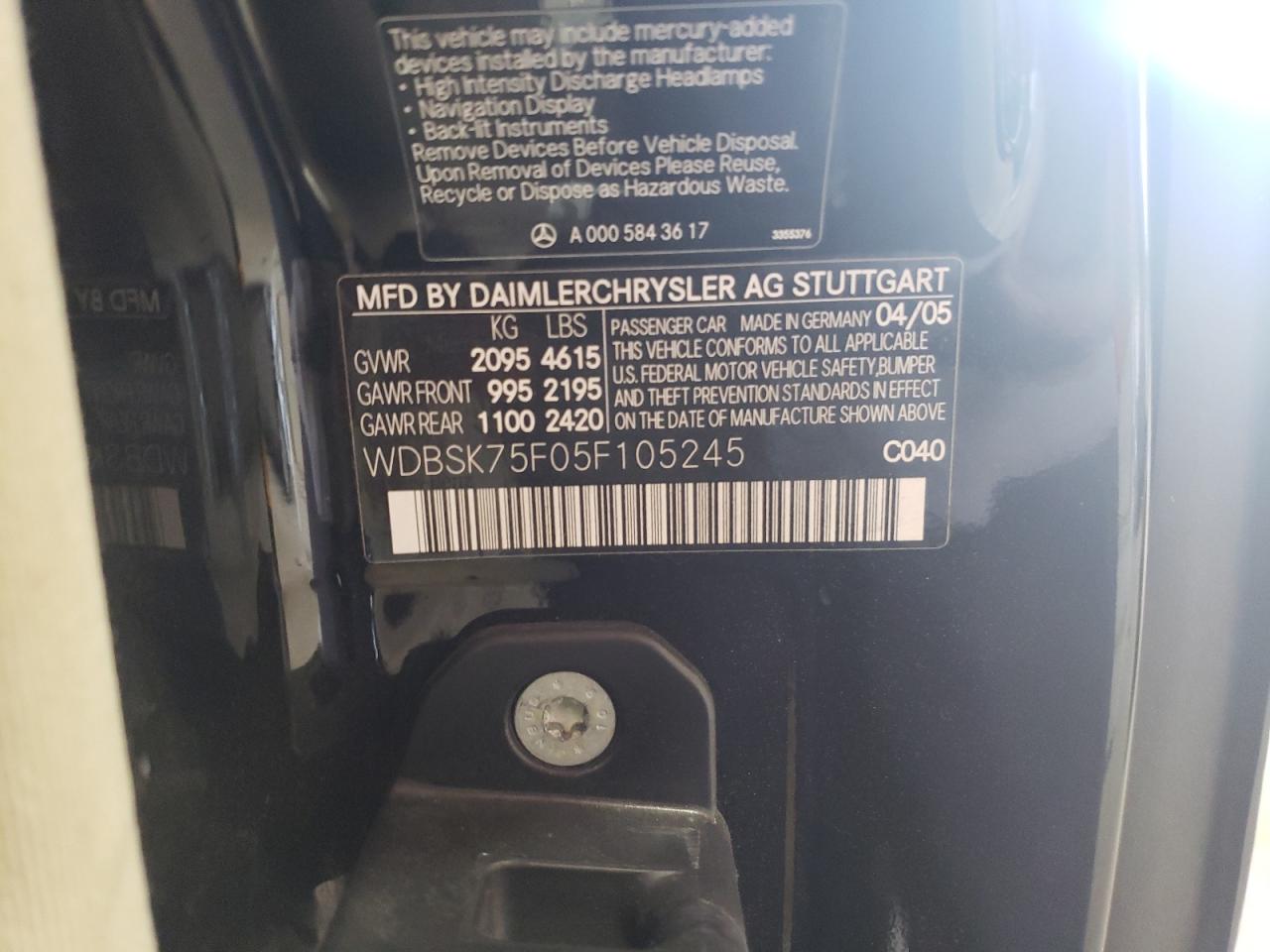 WDBSK75F05F105245 2005 Mercedes-Benz Sl 500