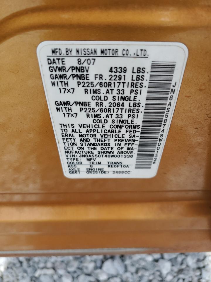 JN8AS58T48W001336 2008 Nissan Rogue S