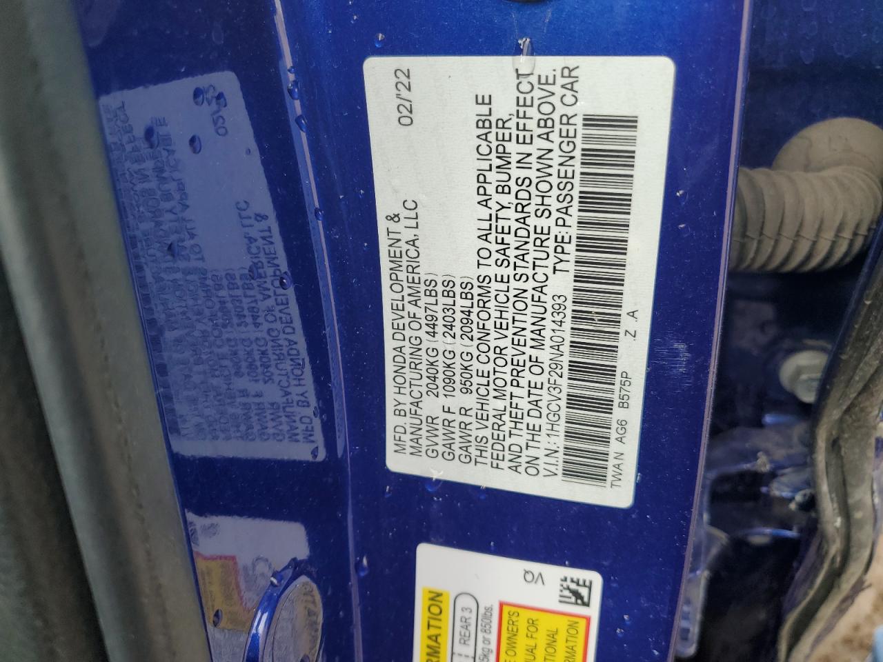 1HGCV3F29NA014393 2022 Honda Accord Hybrid Sport