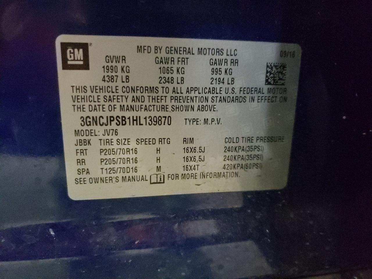 3GNCJPSB1HL139870 2017 Chevrolet Trax 1Lt