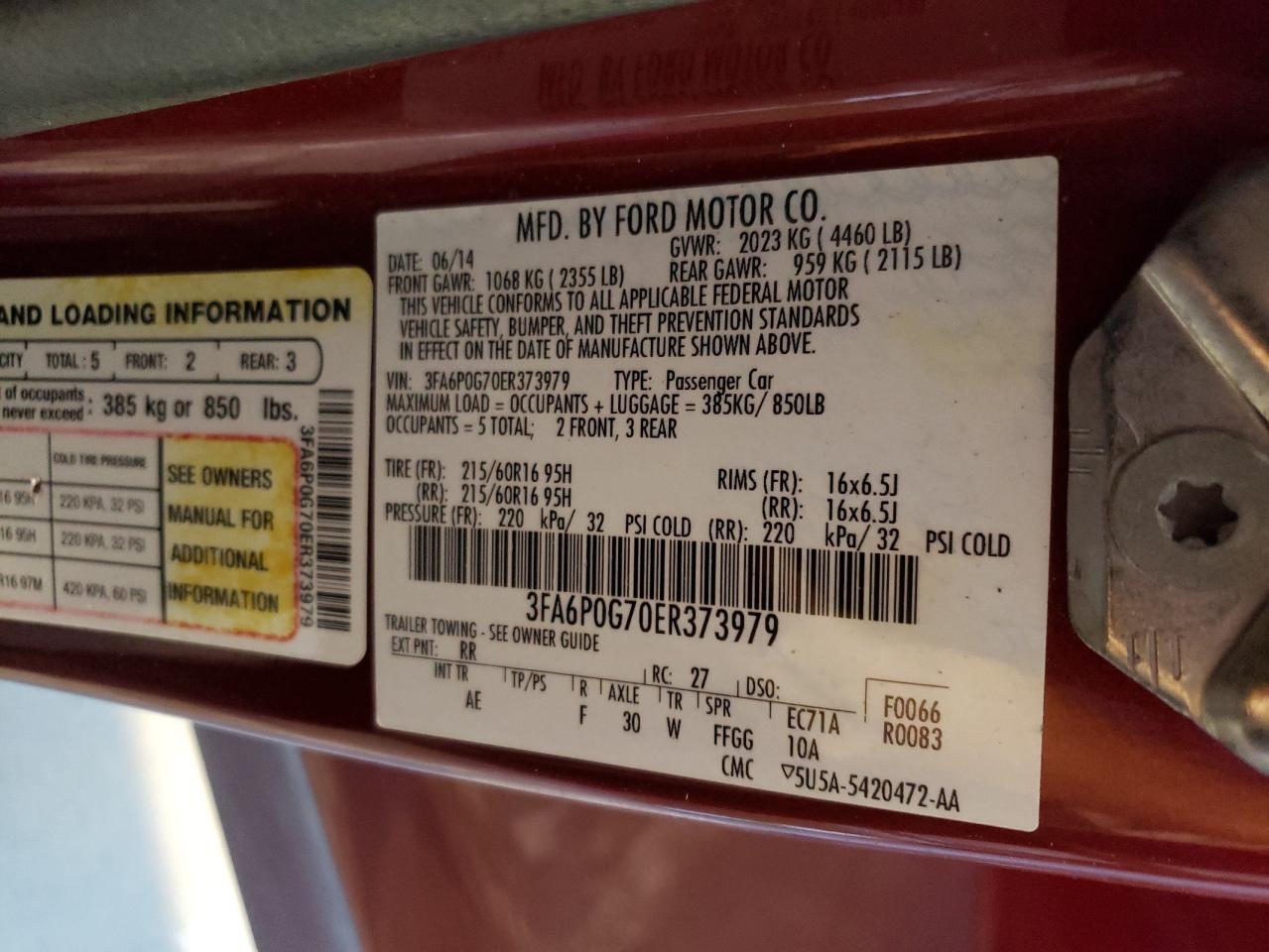 3FA6P0G70ER373979 2014 Ford Fusion S