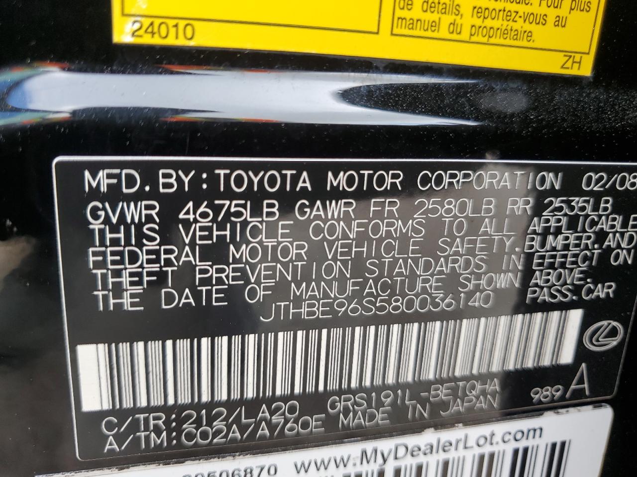 JTHBE96S580036140 2008 Lexus Gs 350