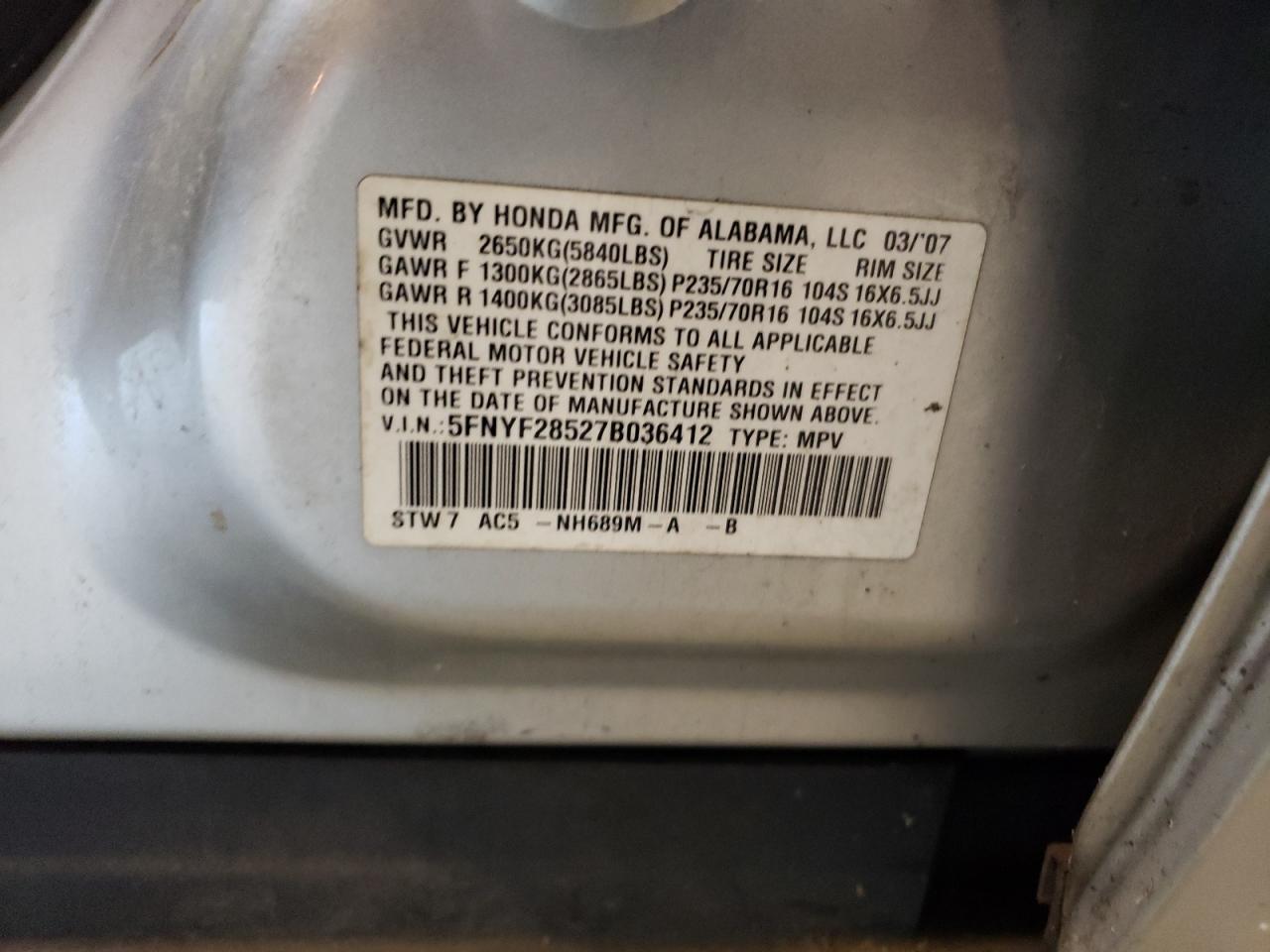 5FNYF28527B036412 2007 Honda Pilot Exl