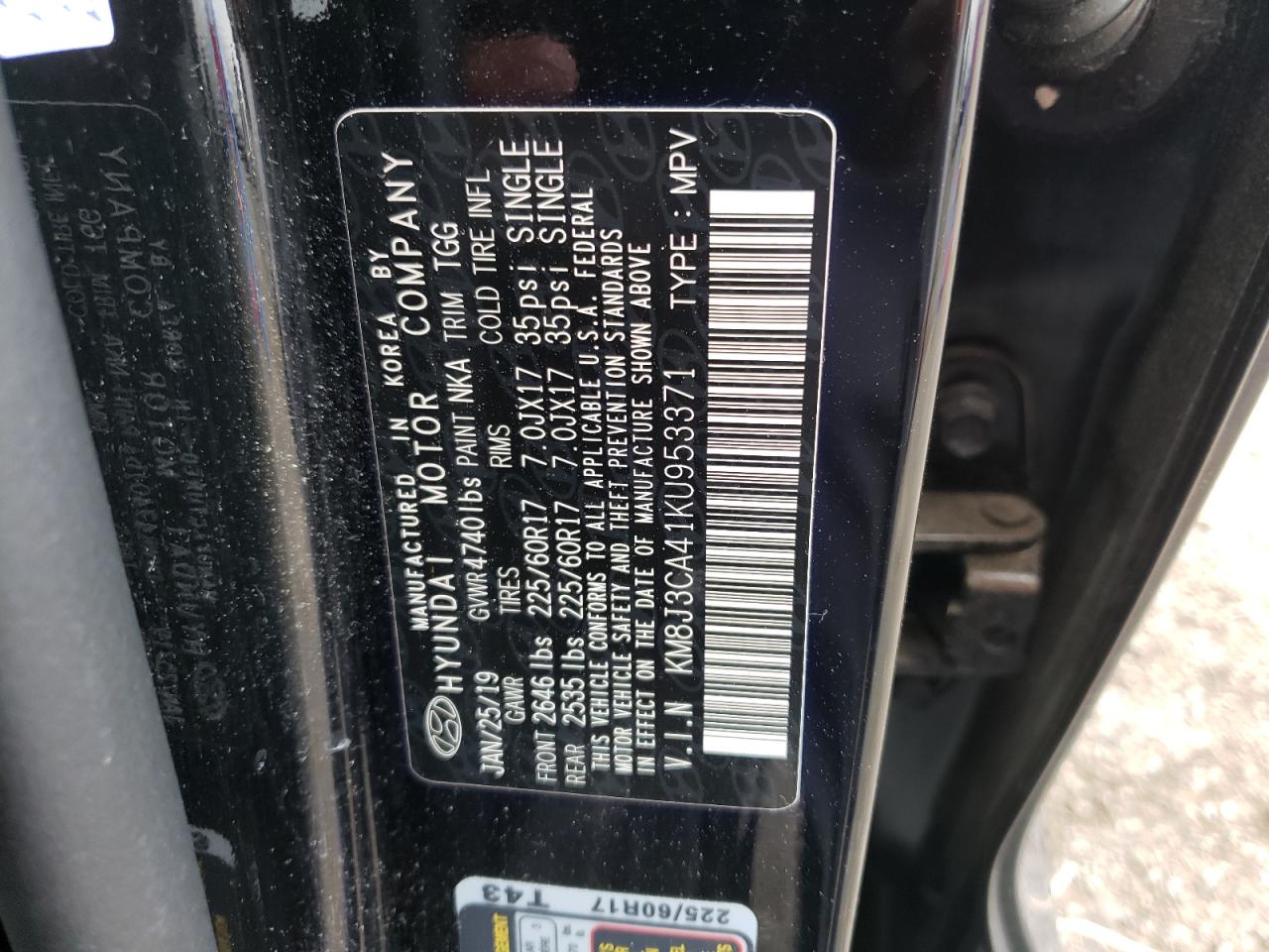 KM8J3CA41KU953371 2019 Hyundai Tucson Limited