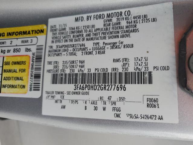 2016 Ford Fusion Se VIN: 3FA6P0HD2GR277696 Lot: 59411564