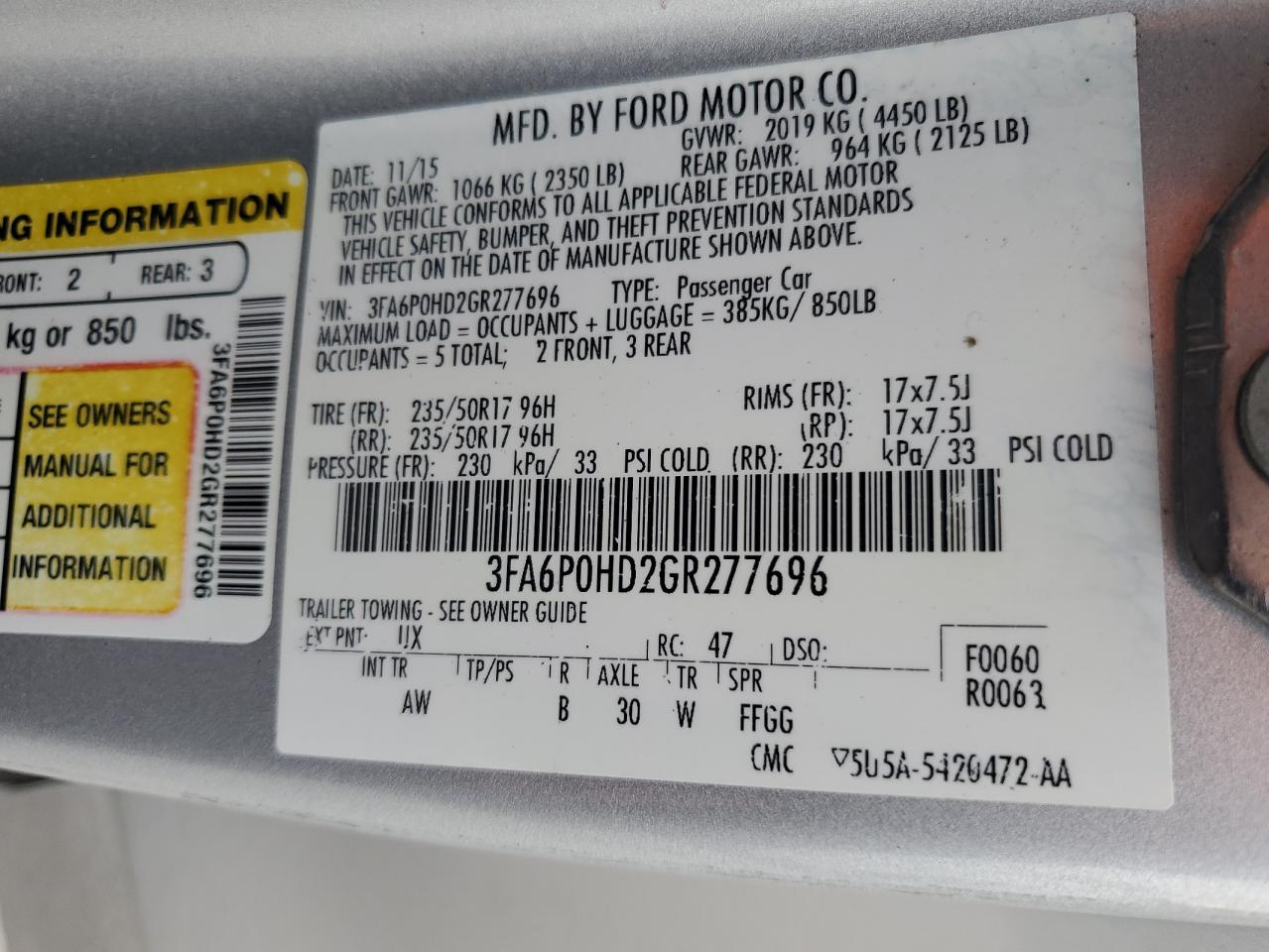 3FA6P0HD2GR277696 FORD FUSION 2016