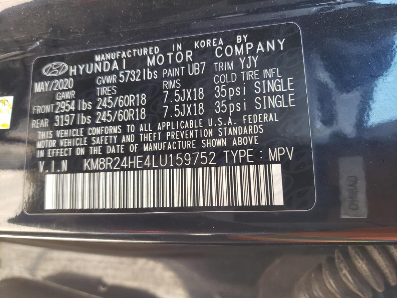 KM8R24HE4LU159752 2020 Hyundai Palisade Sel