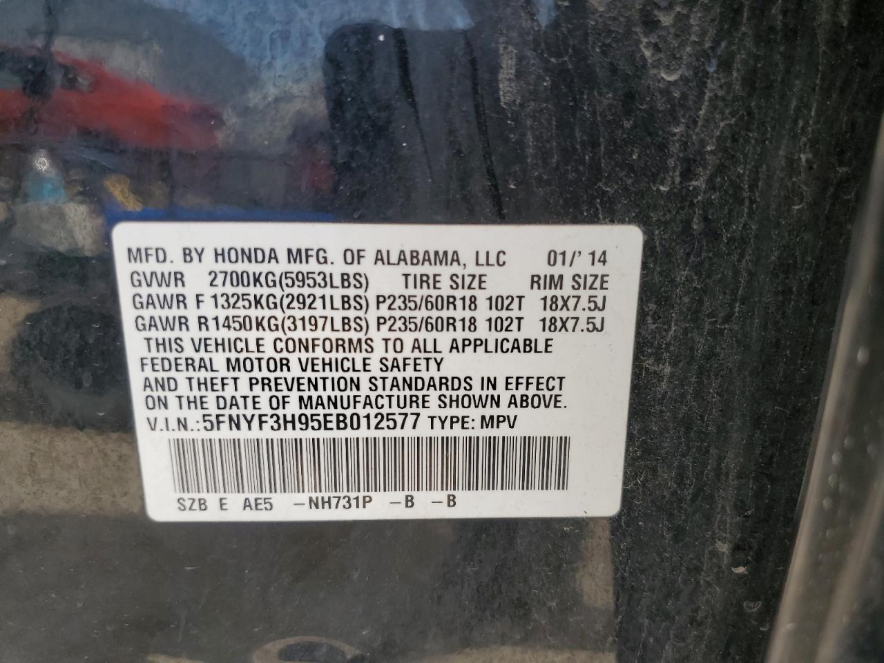 5FNYF3H95EB012577 2014 Honda Pilot Touring