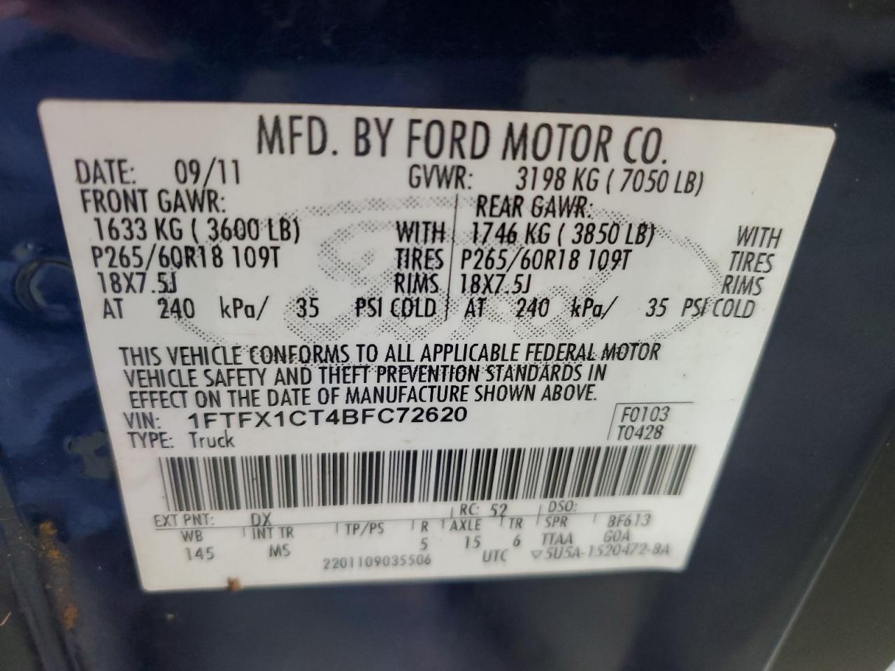 1FTFX1CT4BFC72620 2011 Ford F150 Super Cab