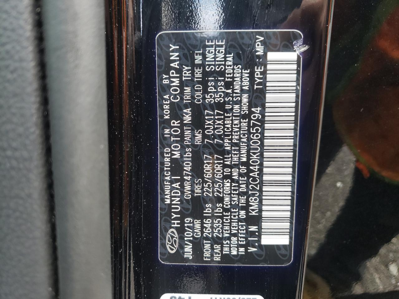 KM8J2CA40KU065794 2019 Hyundai Tucson Se