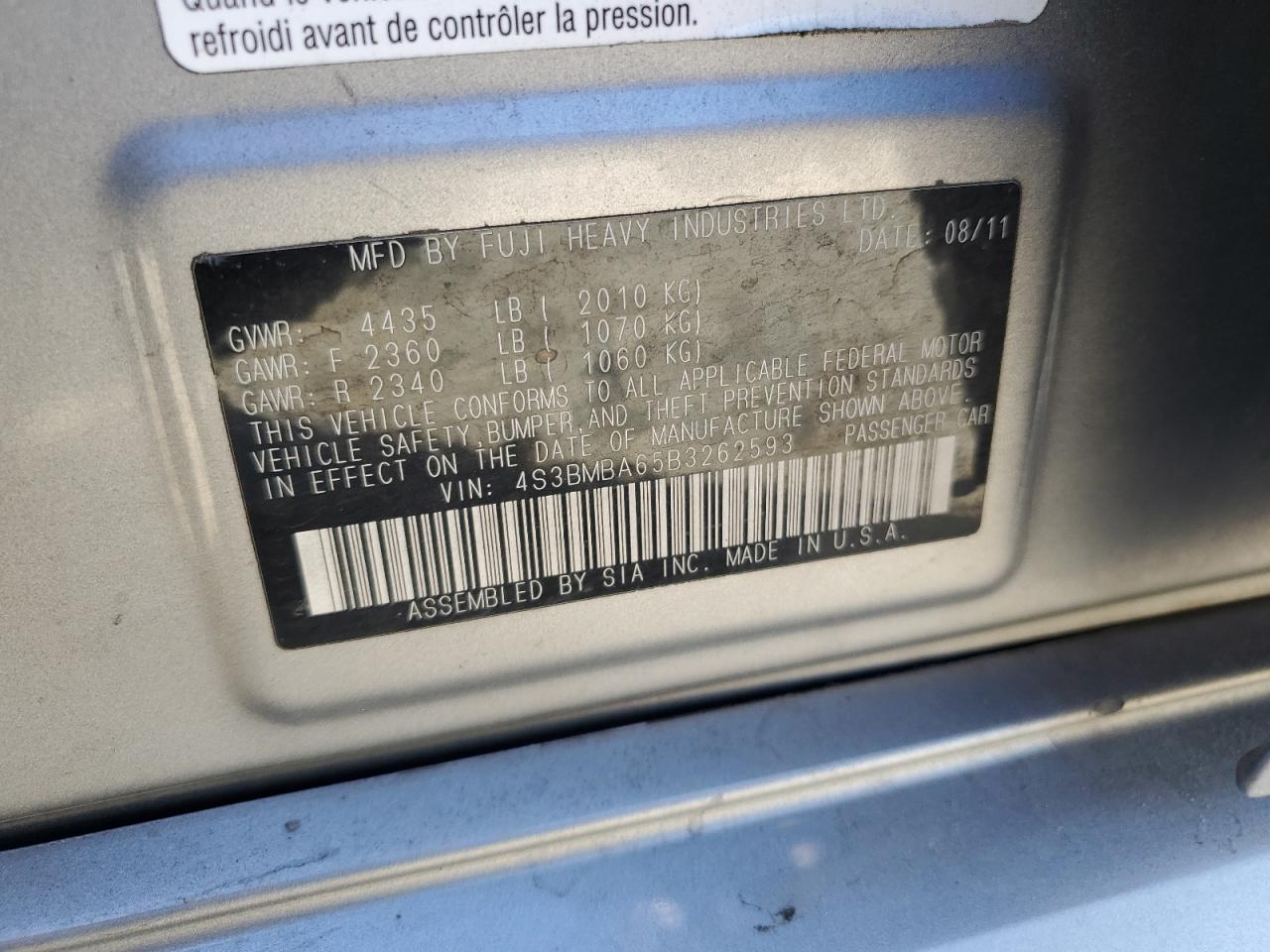 4S3BMBA65B3262593 2011 Subaru Legacy 2.5I