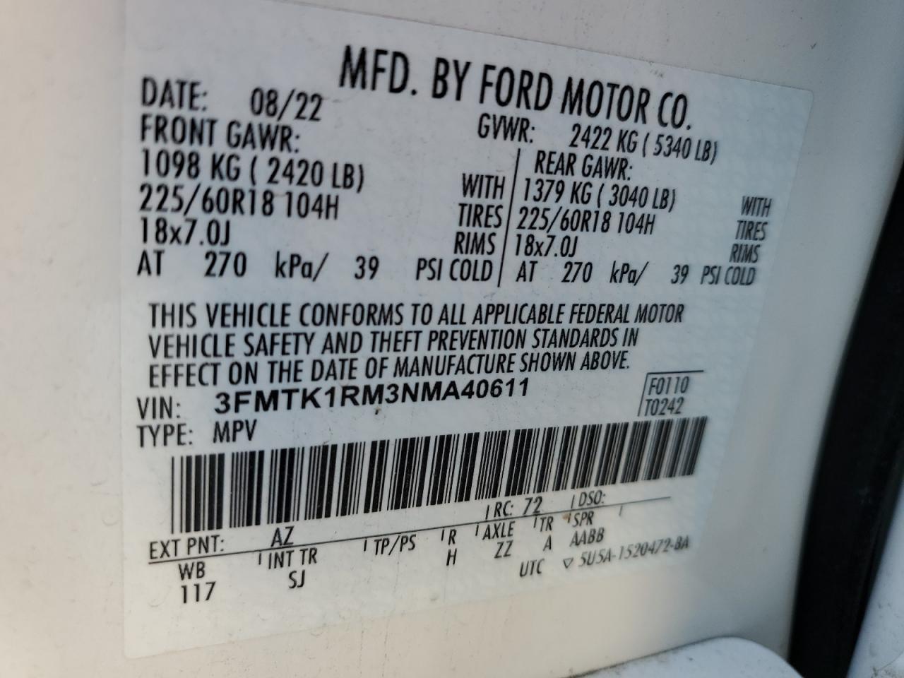 3FMTK1RM3NMA40611 2022 Ford Mustang Mach-E Select