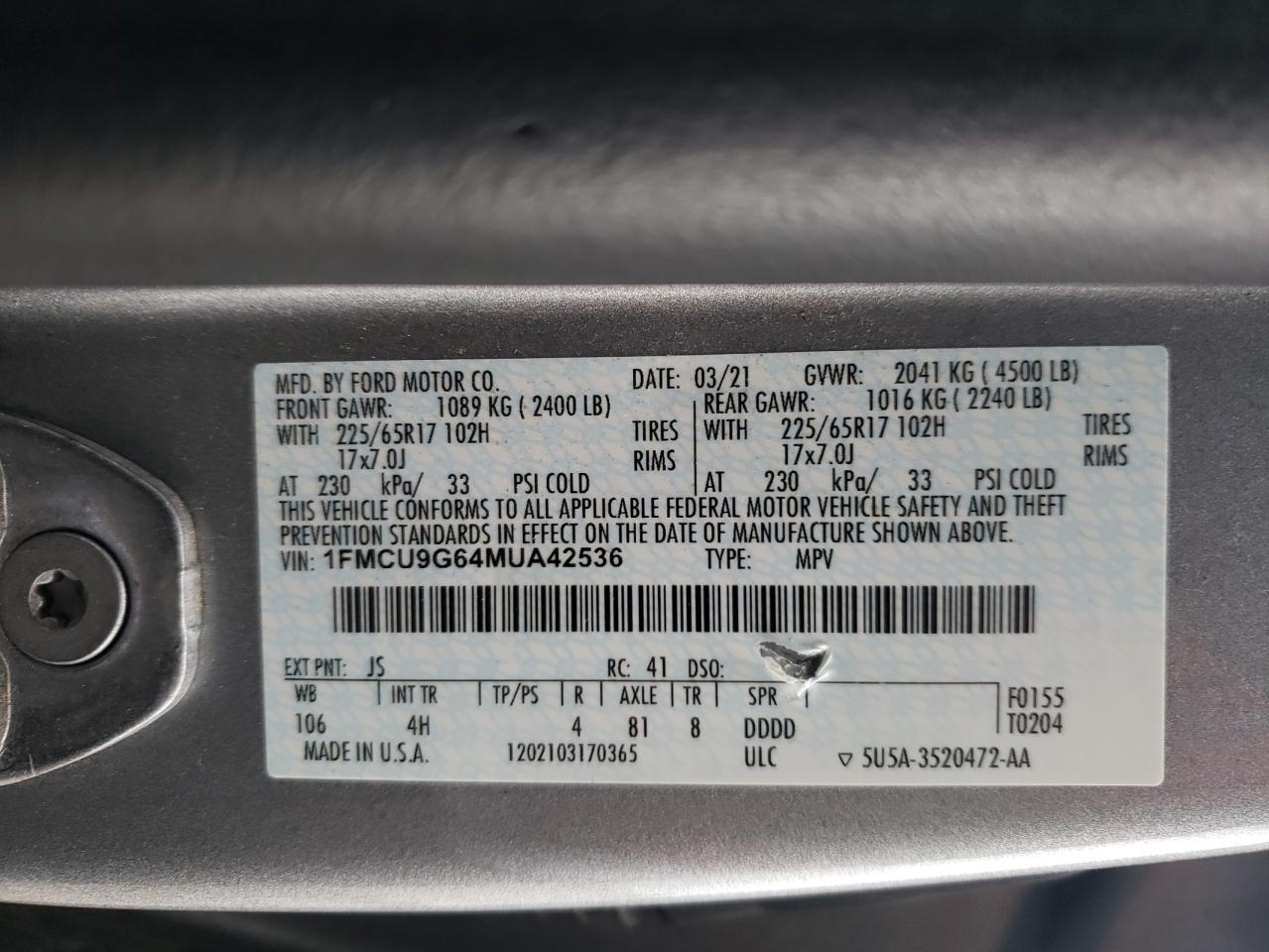 2021 Ford Escape Se vin: 1FMCU9G64MUA42536