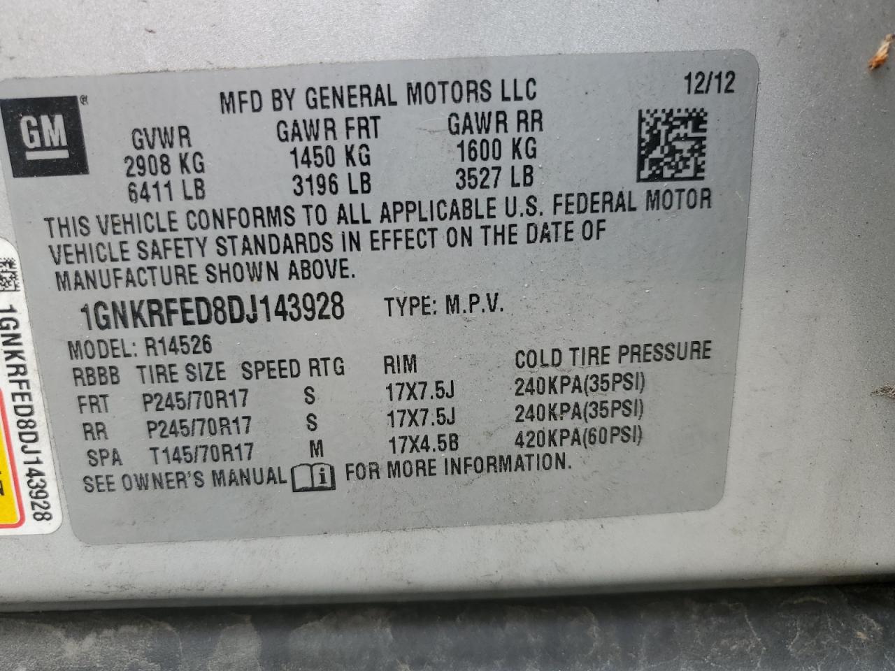 1GNKRFED8DJ143928 2013 Chevrolet Traverse Ls