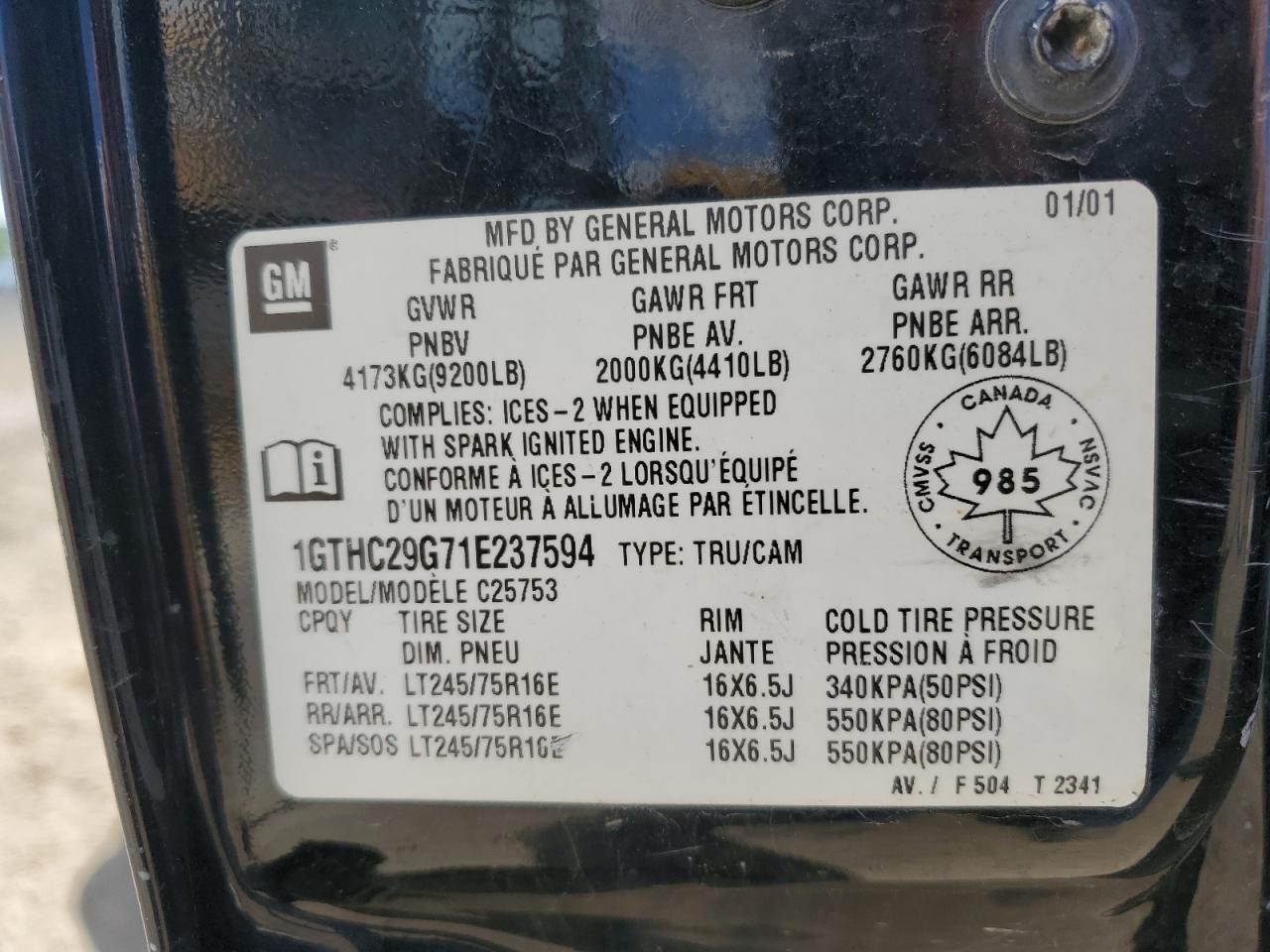 1GTHC29G71E237594 2001 GMC Sierra C2500 Heavy Duty