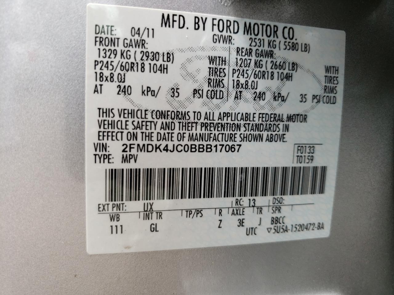 2FMDK4JC0BBB17067 2011 Ford Edge Sel