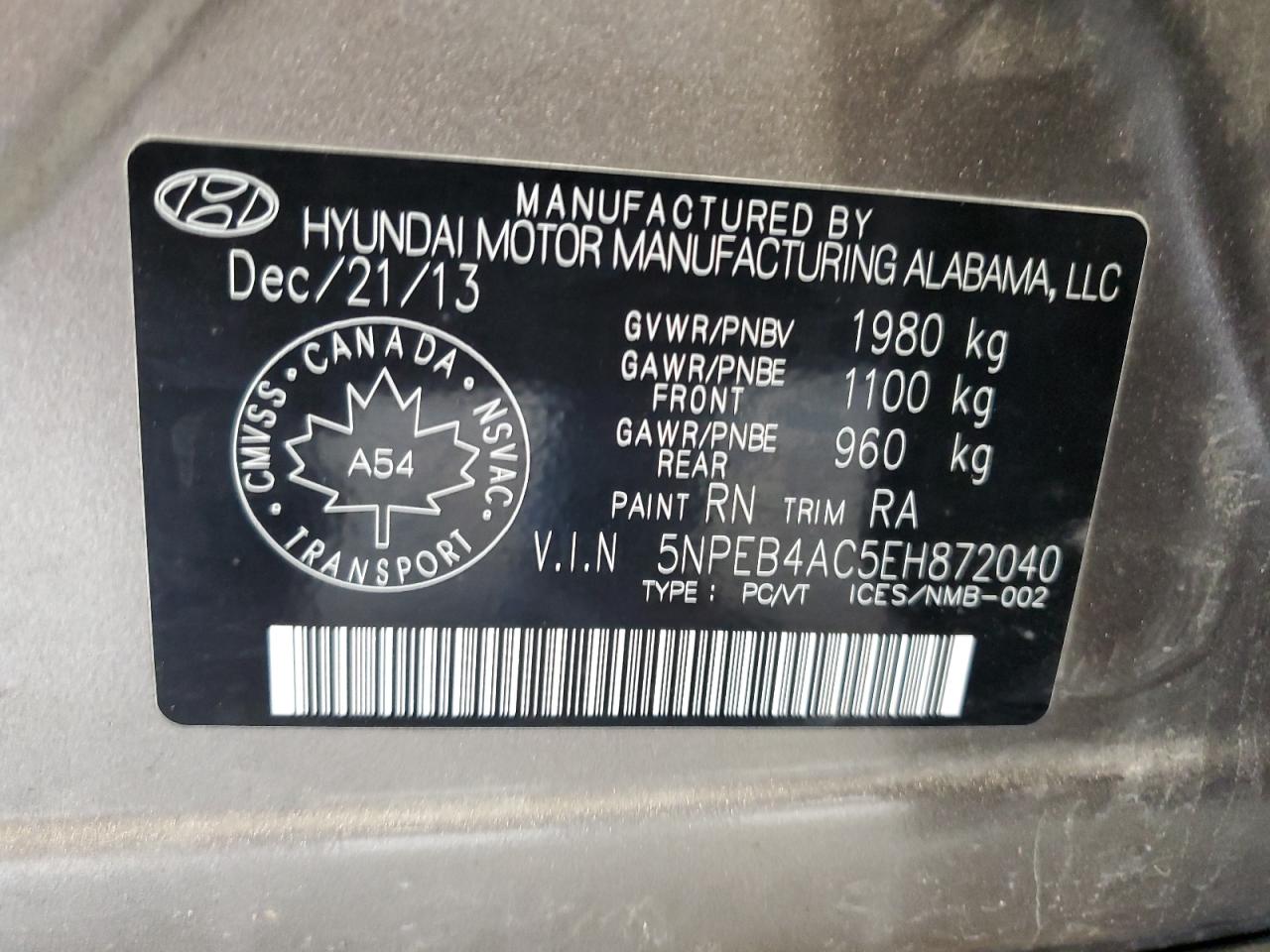 5NPEB4AC5EH872040 2014 Hyundai Sonata Gls