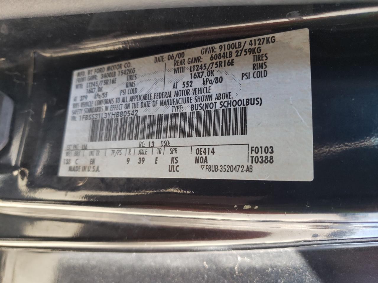 1FBSS31L3YHB80542 2000 Ford Econoline E350 Super Duty Wagon