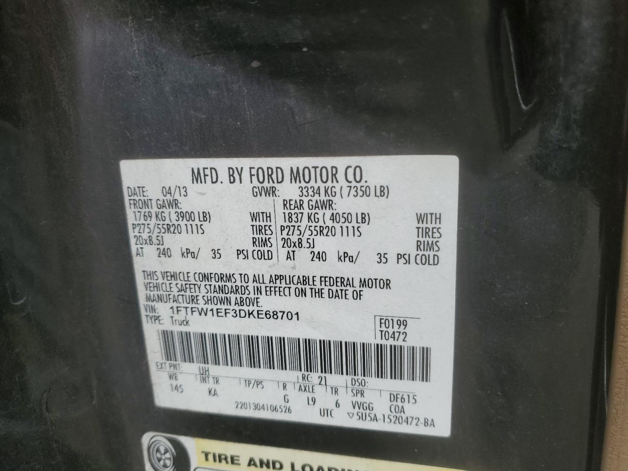 1FTFW1EF3DKE68701 2013 Ford F150 Supercrew