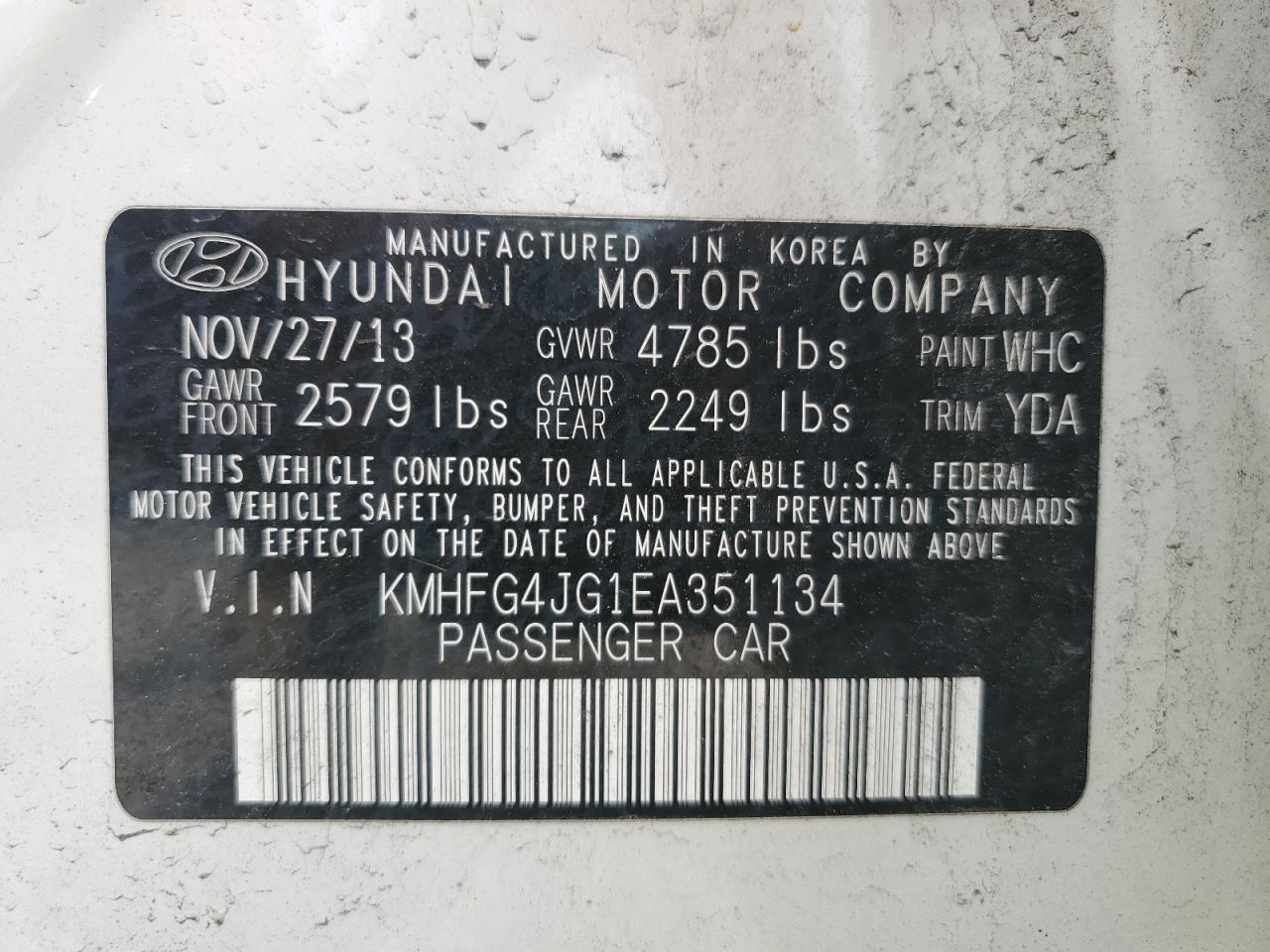 KMHFG4JG1EA351134 2014 Hyundai Azera