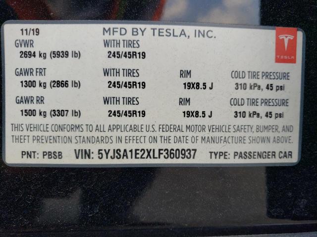 2020 Tesla Model S VIN: 5YJSA1E2XLF360937 Lot: 58012274