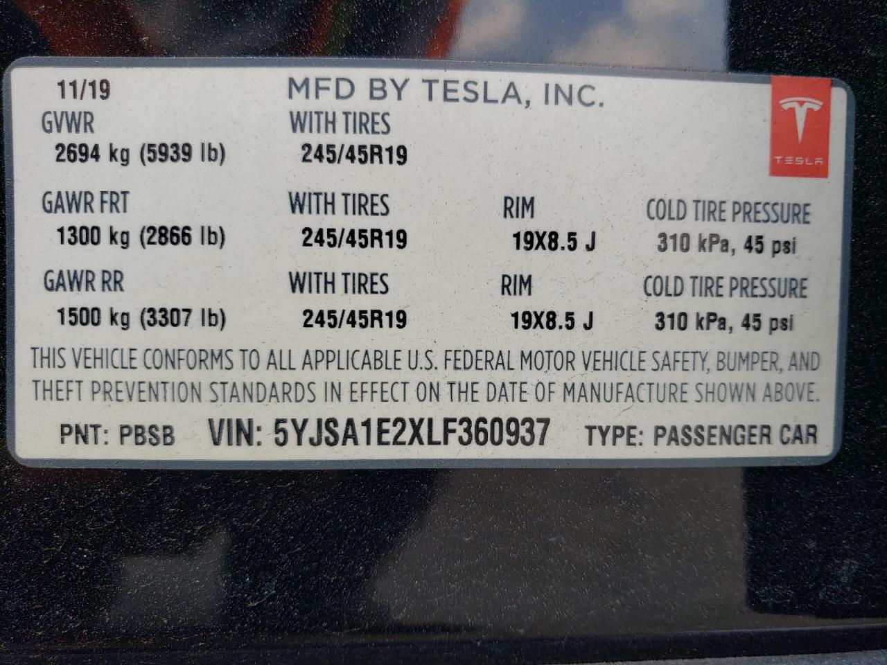 5YJSA1E2XLF360937 2020 Tesla Model S