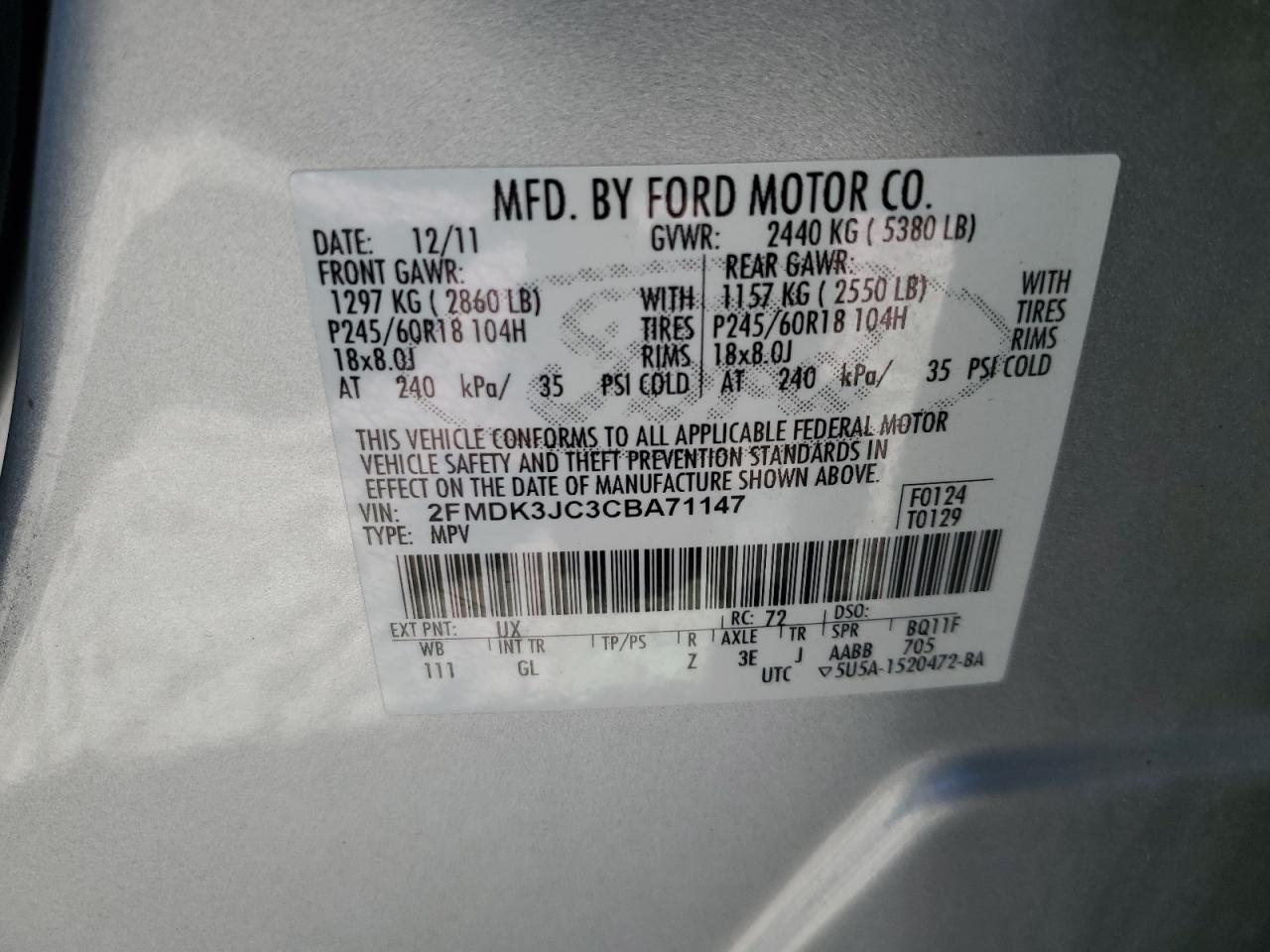 2FMDK3JC3CBA71147 2012 Ford Edge Sel