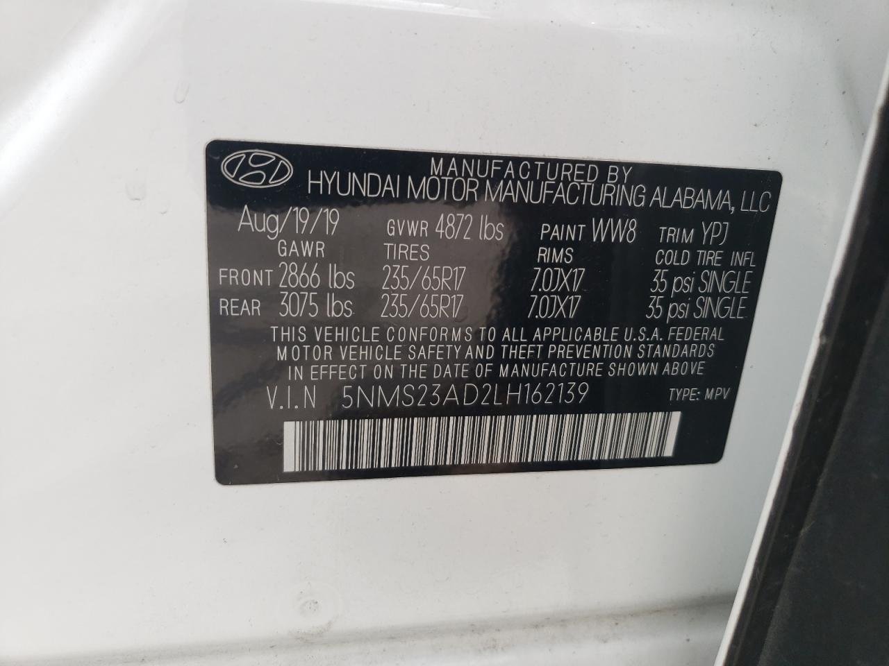 5NMS23AD2LH162139 2020 Hyundai Santa Fe Se