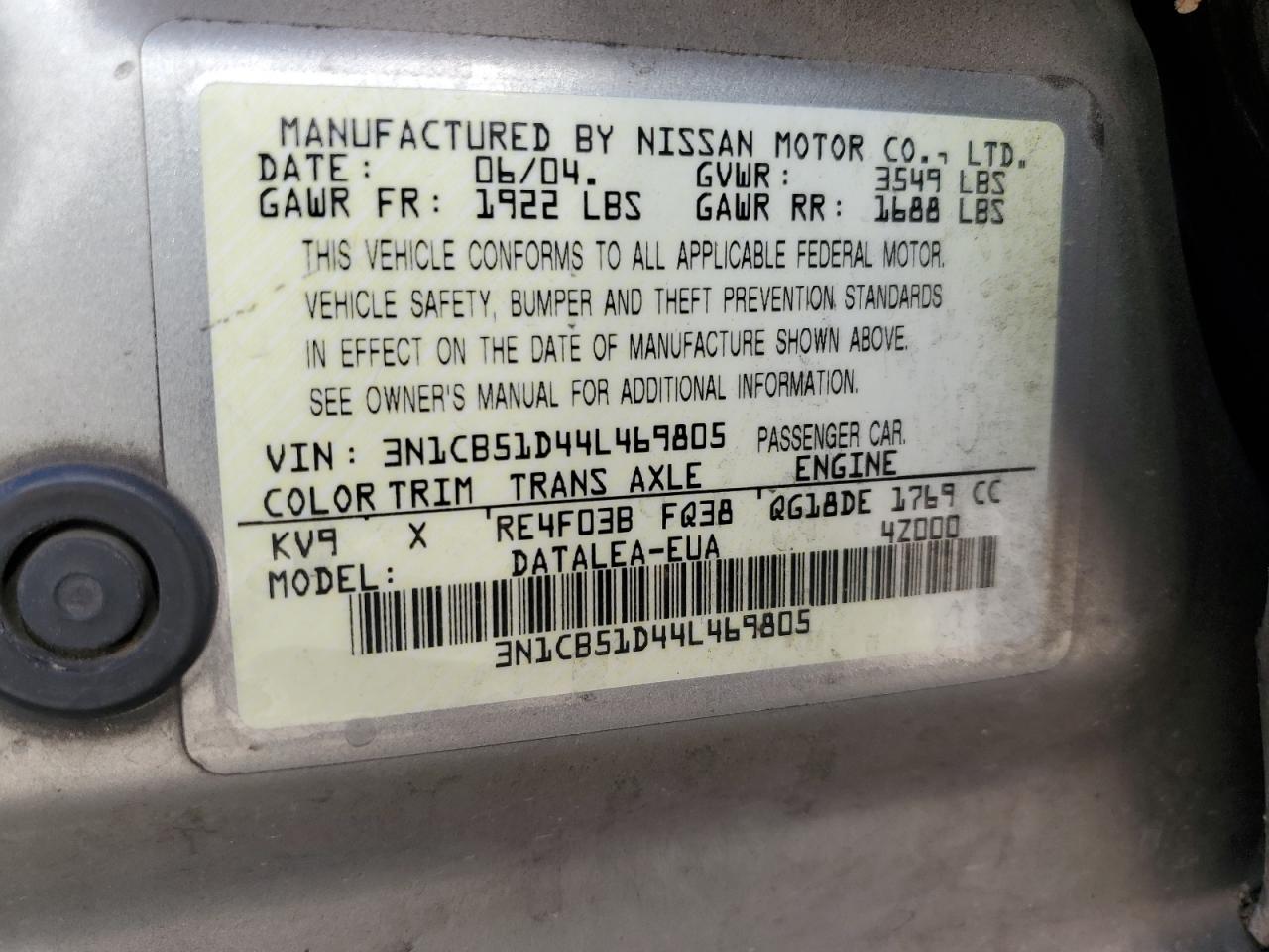 3N1CB51D44L469805 2004 Nissan Sentra 1.8