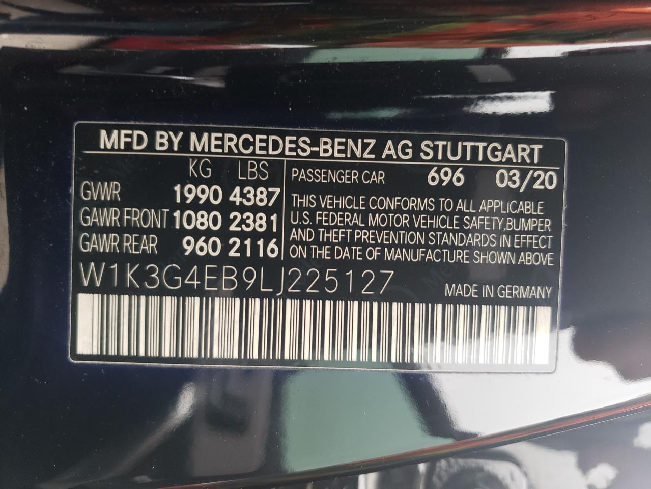 W1K3G4EB9LJ225127 2020 Mercedes-Benz A 220