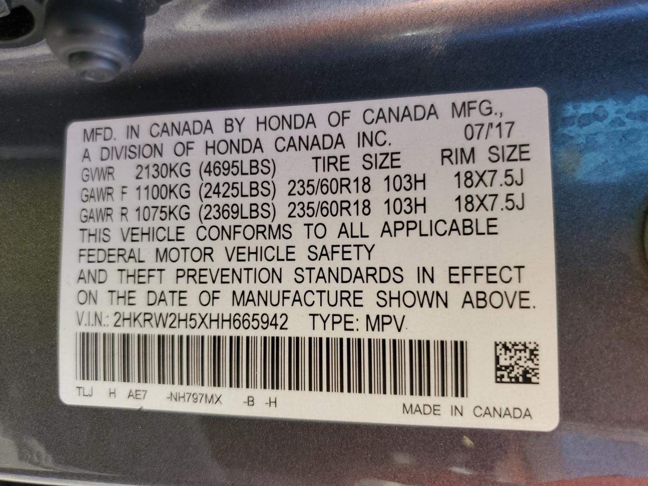 2HKRW2H5XHH665942 HONDA CRV 2017