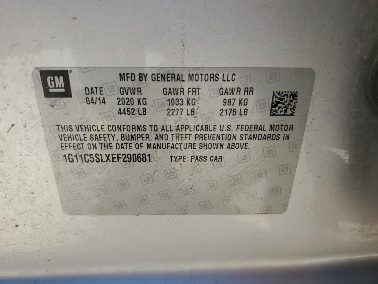 1G11C5SLXEF290681 2014 Chevrolet Malibu 1Lt